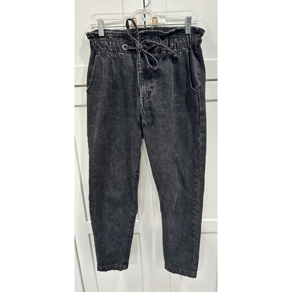 KanCan Women's Black Washed‎ Paperbag Waist Drawstring Denim Jeans Size L